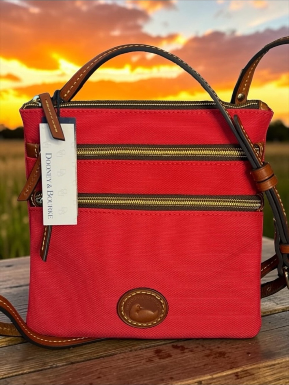 Dooney & Bourke Red Crossbody Bag with Brown Leather Trim